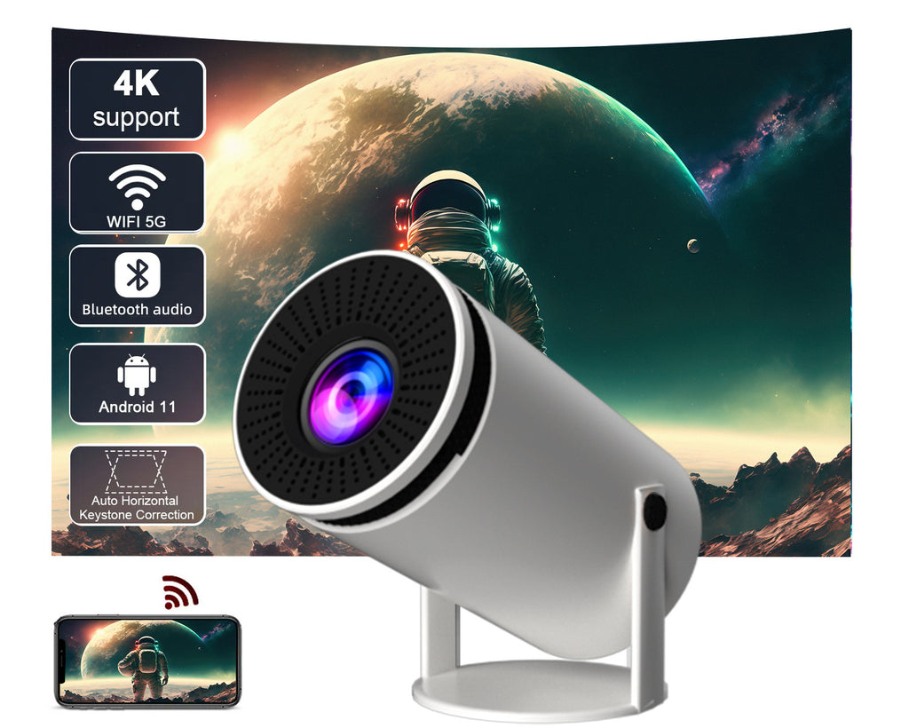 Mini projecteur HY300 projetant film sur mur - home cinema salon